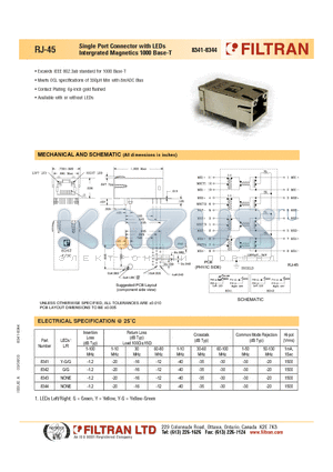 8341 datasheet - RJ-45 Single Port Connector with LEDs Intergrated Magnetics 1000 Base-T