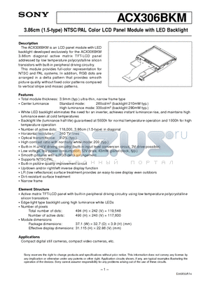ACX306BKM datasheet - 3.86cm (1.5-type) NTSC/PAL Color LCD Panel Module with LED Backlight
