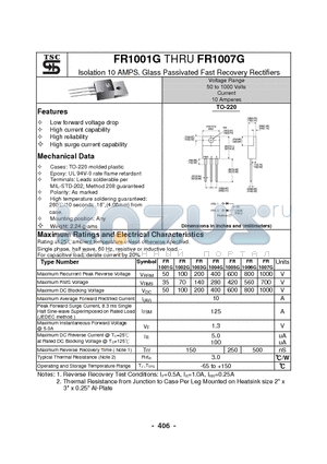 FR1001G datasheet - Isolation 10 AMPS. Glass Passivated Fast Recovery Rectifiers