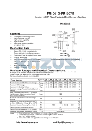 FR1002G datasheet - Isolated 10AMP. Glass Passivated Fast Recovery Rectifiers