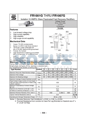 FR1007G datasheet - Isolation 10 AMPS. Glass Passivated Fast Recovery Rectifiers