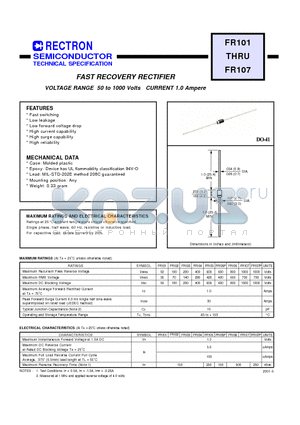 FR101 datasheet - FAST RECOVERY RECTIFIER(VOLTAGE RANGE 50 to 1000 Volts CURRENT 1.0 Ampere)