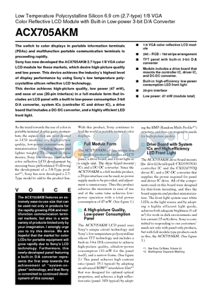 ACX705AKM_1 datasheet - Low Temperature Polycrystalline Silicon 6.9 cm (2.7-type) 1/8 VGA Color Reflective LCD Module with Built-in Low-power 3-bit D/A Converter