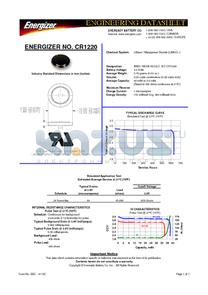 CR1220 datasheet - 3.0 Volts 0.76 grams (0.03 oz.) 0.25 cubic centimeters (0.02 cubic inch)