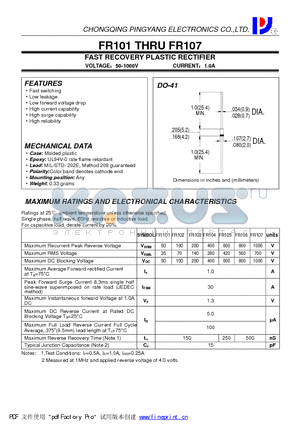 FR101 datasheet - FAST RECOVERY PLASTIC RECTIFIER