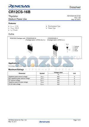 CR12CS-16B-T11-B00 datasheet - Thyristor Medium Power Use