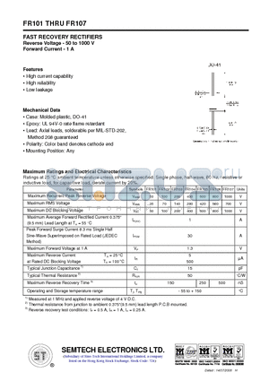 FR101 datasheet - FAST RECOVERY RECTIFIERS