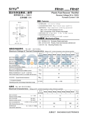 FR101 datasheet - Plastic Fast Recover Rectifier Reverse Voltage 50 to 1000V Forward Current 1.0A