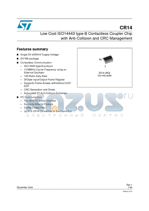 CR14-MQP/XXX datasheet - Low Cost ISO14443 type-B Contactless Coupler Chip with Anti-Collision and CRC Management