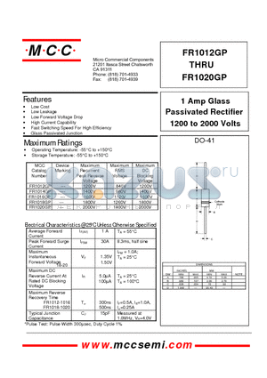 FR1012 datasheet - 1 Amp Glass Passivated Rectifier 1200 to 2000 Volts