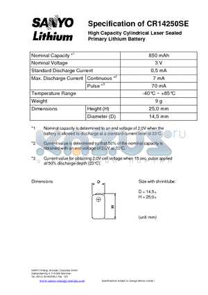CR14250SE datasheet - High Capacity Cylindrical Laser Sealed Primary Lithium Battery