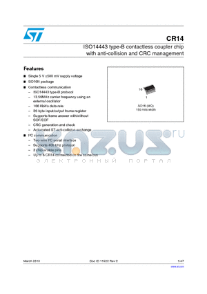 CR14_10 datasheet - ISO14443 type-B contactless coupler chip with anti-collision and CRC management