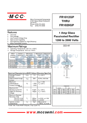 FR1018GP datasheet - 1 Amp Glass Passivated Rectifier 1200 to 2000 Volts