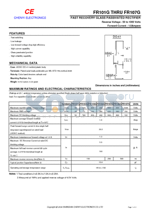 FR101G datasheet - FAST RECOVERY GLASS PASSIVATED RECTIFIER