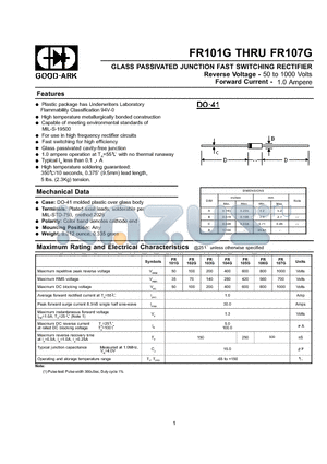 FR101G datasheet - GLASS PASSIVATED JUNCTION FAST SWITCHING RECTIFIER