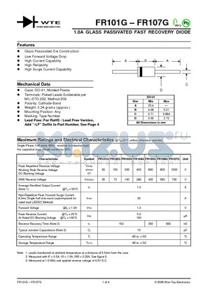 FR101G datasheet - 1.0A GLASS PASSIVATED FAST RECOVERY DIODE