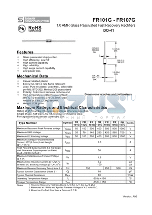 FR101G datasheet - 1.0 AMP. Glass Passivated Fast Recovery Rectifiers