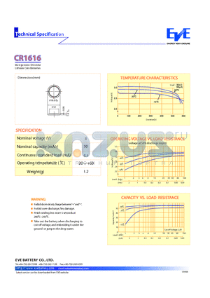 CR1616 datasheet - Manganese Dioxide Lithium Coin Batteries