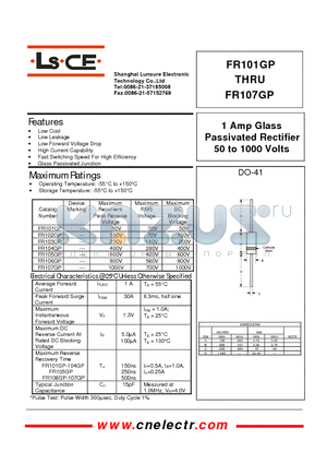 FR101GP datasheet - 1 Amp glass passivated rectifier 50to1000 volts