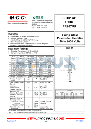 FR101GP_11 datasheet - 1 Amp Glass Passivated Rectifier 50 to 1000 Volts