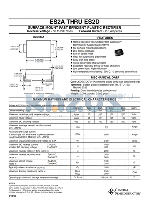 ES2A datasheet - SURFACE MOUNT FAST EFFICIENT PLASTIC RECTIFIER