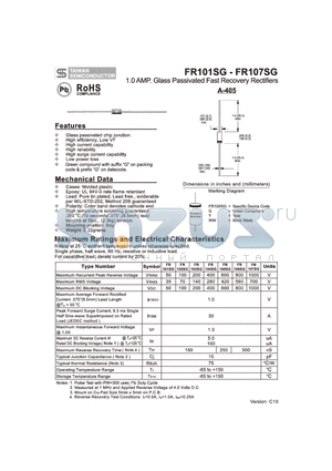 FR101SG datasheet - 1.0 AMP. Glass Passivated Fast Recovery Rectifiers