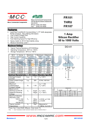 FR101_11 datasheet - 1 Amp Silicon Rectifier 50 to 1000 Volts