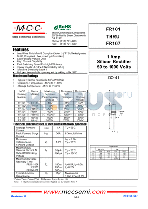 FR101_13 datasheet - 1 Amp Silicon Rectifier 50 to 1000 Volts