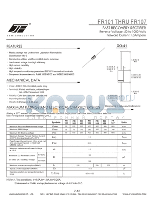 FR102 datasheet - FAST RECOVERY RECTIFIER