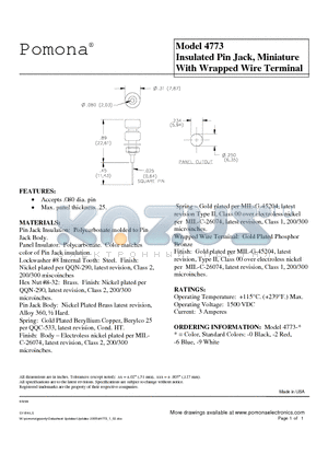 4773-2 datasheet - Insulated Pin Jack, Miniature With Wrapped Wire Terminal