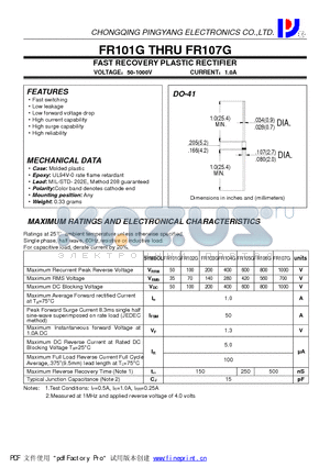 FR102G datasheet - FAST RECOVERY PLASTIC RECTIFIER