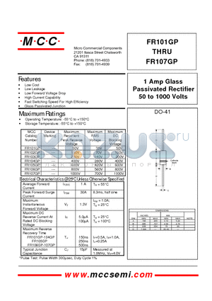 FR102GP datasheet - 1 Amp Glass Passivated Rectifier 50 to 1000 Volts