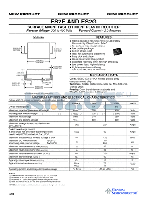 ES2G datasheet - SURFACE MOUNT FAST EFFICIENT PLASTIC RECTIFIER