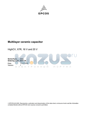 B37872K0105K060 datasheet - Multilayer ceramic capacitor HighCV, X7R, 16 V and 25 V