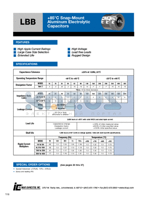 477LBB200M2CD datasheet - 85`C Snap-Mount Aluminum Electrolytic Capacitors