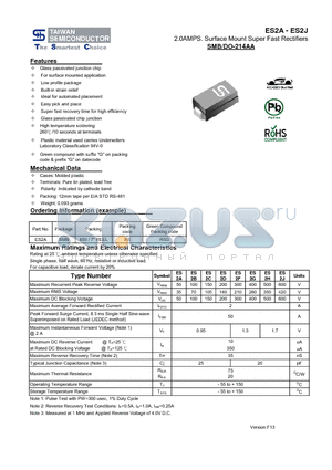 ES2J datasheet - 2.0AMPS. Surface Mount Super Fast Rectifiers