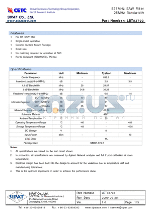 83703 datasheet - 837MHz SAW Filter 25MHz Bandwidth