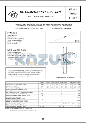 FR104 datasheet - TECHNICAL SPECIFICATIONS OF FAST RECOVERY RECTIFIER