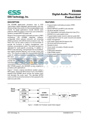 ES3986 datasheet - Digital-Audio Processor Product Brief