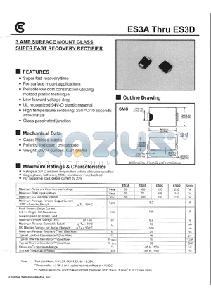 ES3A datasheet - 3 AMP SURFACE MOUNT GLASS SUPER FAST RECOVERY RECTIFIER