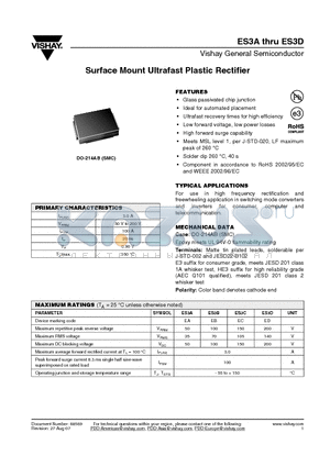 ES3B datasheet - Surface Mount Ultrafast Plastic Rectifier