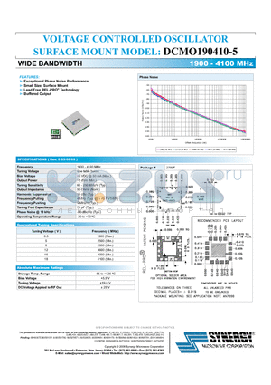 DCMO190410-5 datasheet - VOLTAGE CONTROLLED OSCILLATOR SURFACE MOUNT WIDE BANDWIDTH 1900-4100 MHz