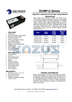 DCMP12-4N3 datasheet - Regulated / Adjustable DC-DC High Voltage Modules