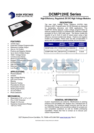 DCMP12HE-1N3 datasheet - High Efficiency, Regulated, DC-DC High Voltage Modules