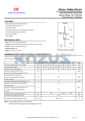 FR105 datasheet - FAST RECOVERY RECTIFIER