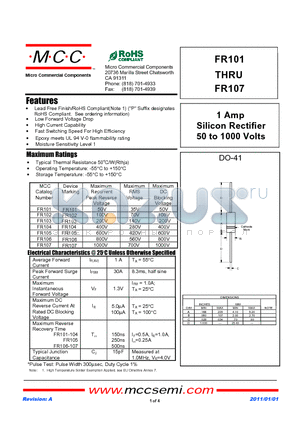 FR105 datasheet - 1 Amp Silicon Rectifier 50 to 1000 Volts