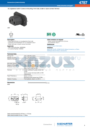 4787 datasheet - IEC Appliance Outlet F, Screw-on Mounting, Front Side, Solder or Quick-connect Terminal