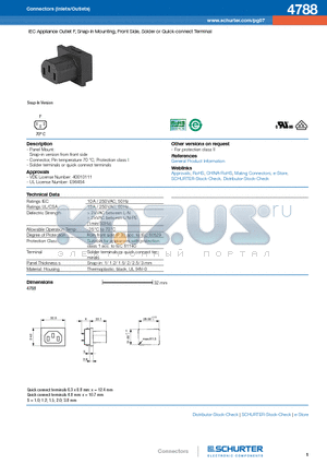 4788.8000 datasheet - IEC Appliance Outlet F, Snap-in Mounting, Front Side, Solder or Quick-connect Terminal