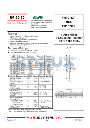 FR105GP datasheet - 1 Amp Glass Passivated Rectifier 50 to 1000 Volts