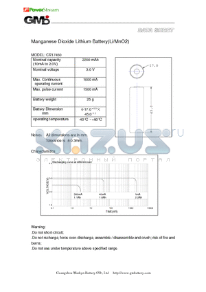 CR17450 datasheet - MANGANESE DIOXIDE LITHIUM BATTERY